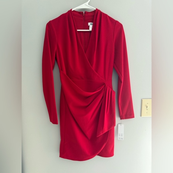 DKNY Womens Red Draped Ruched Sheath Long Sleeve Knee Length Wrap New Dress 2P - Picture 2 of 10
